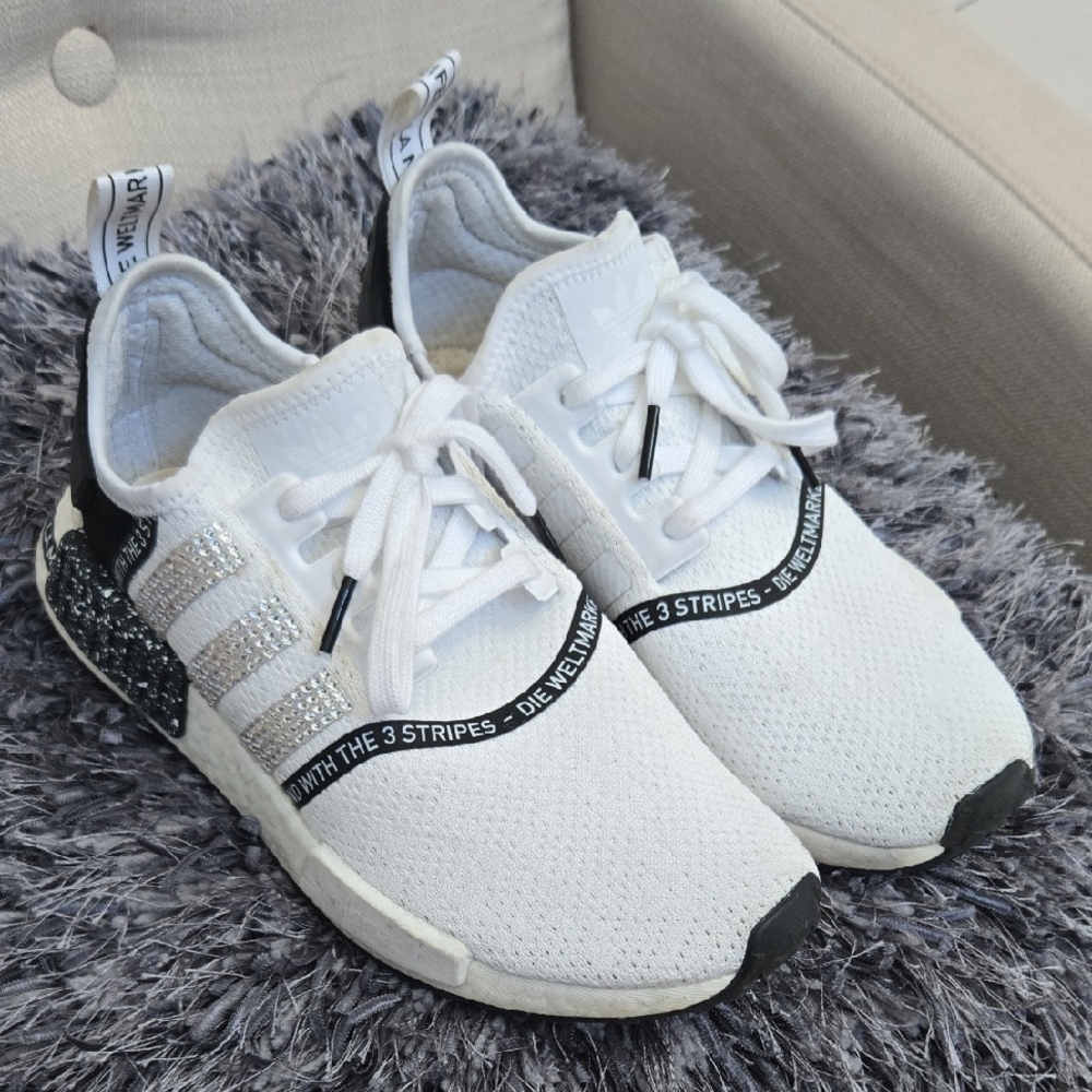 Adidas White and Black Sneakers with Glitter Accents